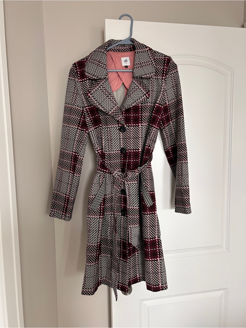 CAbi Burgundy and Black Plaid Belted Trench Coat